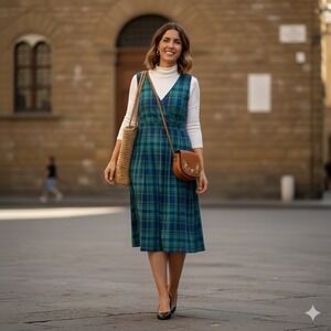 Vintage Benson and Smith Green Blue Plaid Pinafore Jumper Dress V Neck Midi‎ Med